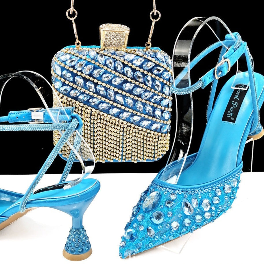 Large Rhinestone High Heel Sandals Three-dimensional Tassel Handbag Set