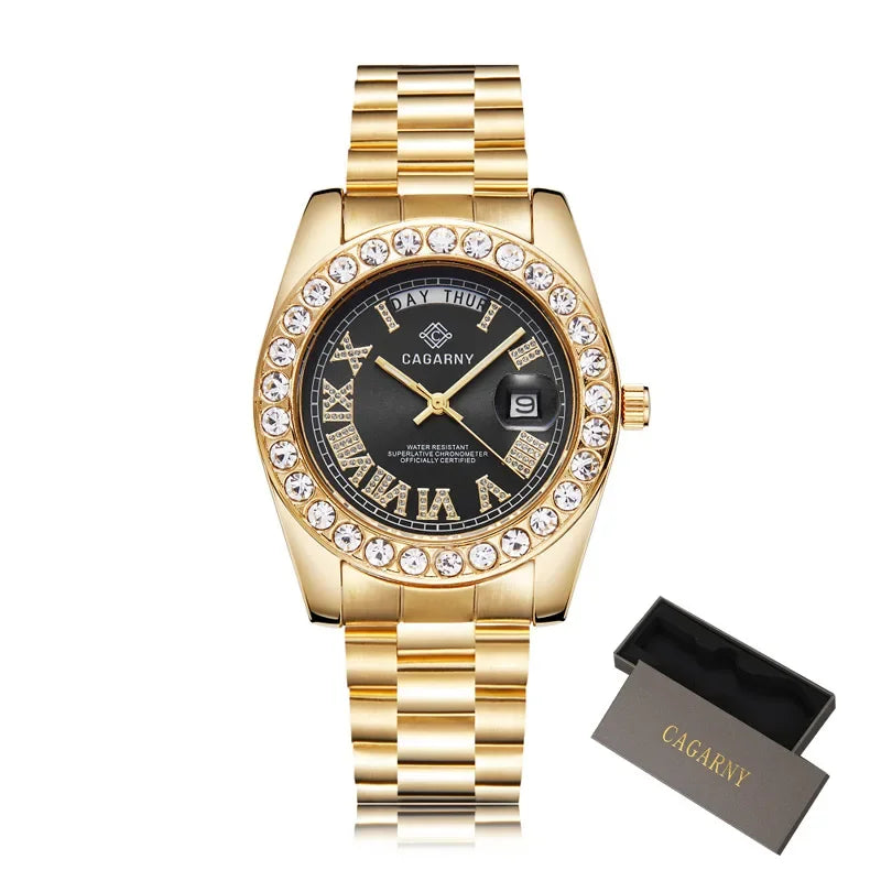 Luxury Crystal Diamond Gold Watch Men Quartz Stainless Steel Men Watches Calenda