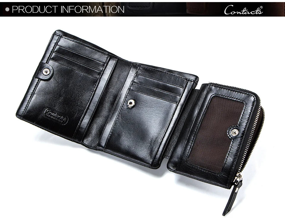 CONTACT'S Genuine Crazy Horse Leather Men Wallets Vintage Trifold Wallet Zip Coin Pocket Purse Cowhide Leather Wallet For Mens