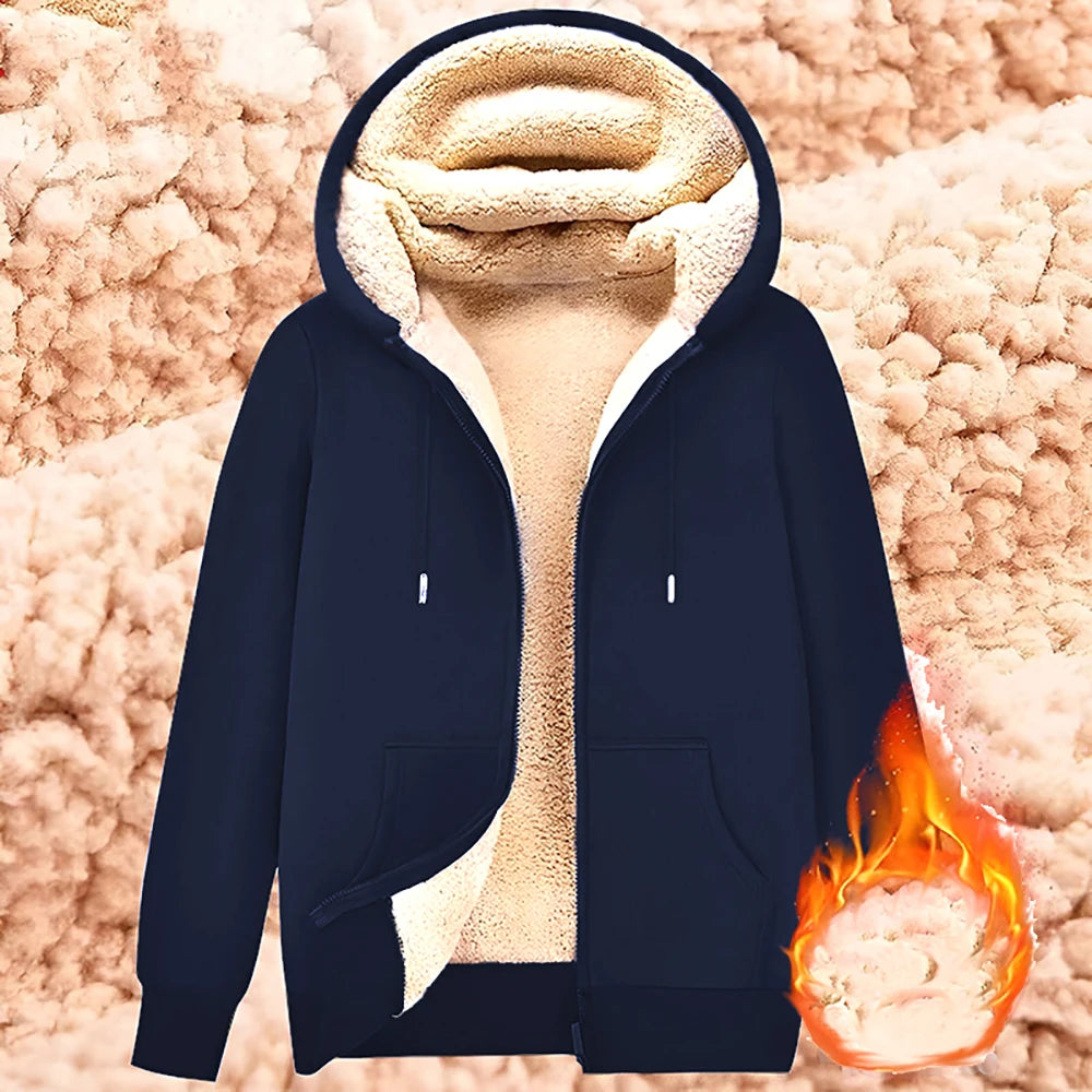 Sweat-shirt tendance avec poches avant et fermeture éclair pour homme et femme, veste chaude en laine d'agneau, cardigan doublé en peluche de couleur pure, hiver