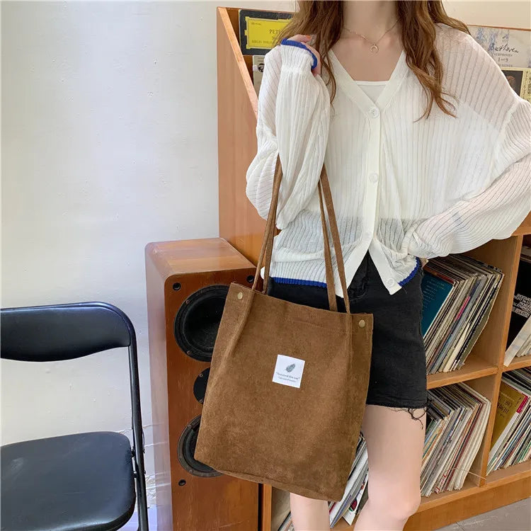 Fashion Women's Shoulder Bag Large Capacity Corduroy Shopping Bag Canvas Women's Bag Literary Leisure Shoulder Bag