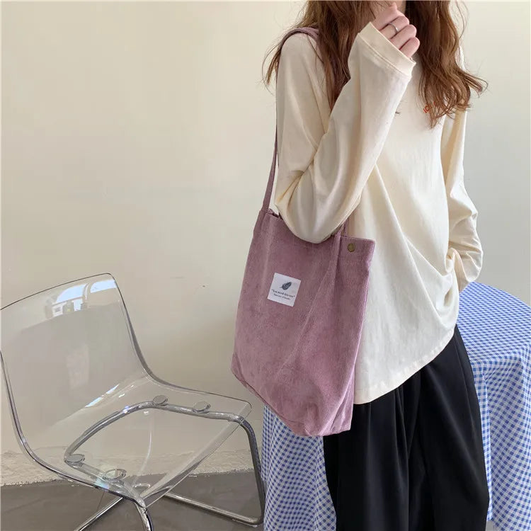 Fashion Women's Shoulder Bag Large Capacity Corduroy Shopping Bag Canvas Women's Bag Literary Leisure Shoulder Bag