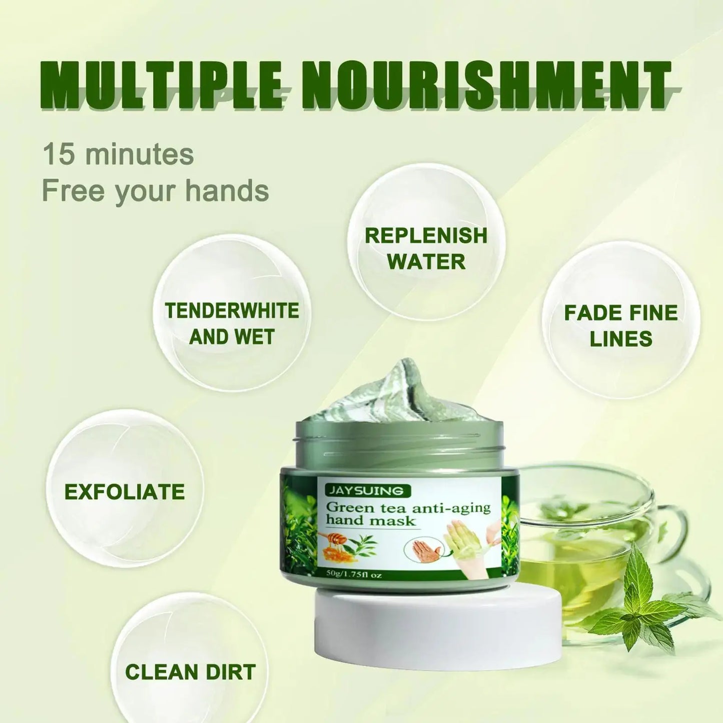 Masque pour les mains au thé vert 50 g Anti-rides Hydratant Blanchissant Callosités Nourrissante Crème Soin Réparateur Exfoliant pour les mains Soin de la peau lisse