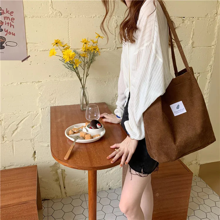 Fashion Women's Shoulder Bag Large Capacity Corduroy Shopping Bag Canvas Women's Bag Literary Leisure Shoulder Bag