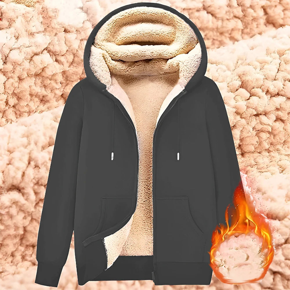 Sweat-shirt tendance avec poches avant et fermeture éclair pour homme et femme, veste chaude en laine d'agneau, cardigan doublé en peluche de couleur pure, hiver