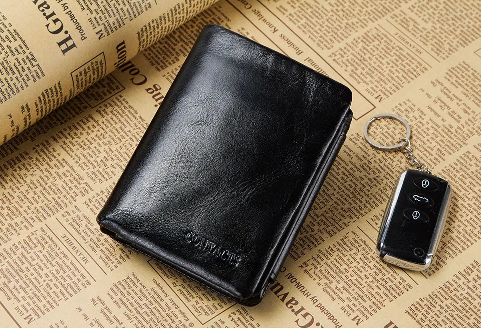 CONTACT'S Genuine Crazy Horse Leather Men Wallets Vintage Trifold Wallet Zip Coin Pocket Purse Cowhide Leather Wallet For Mens