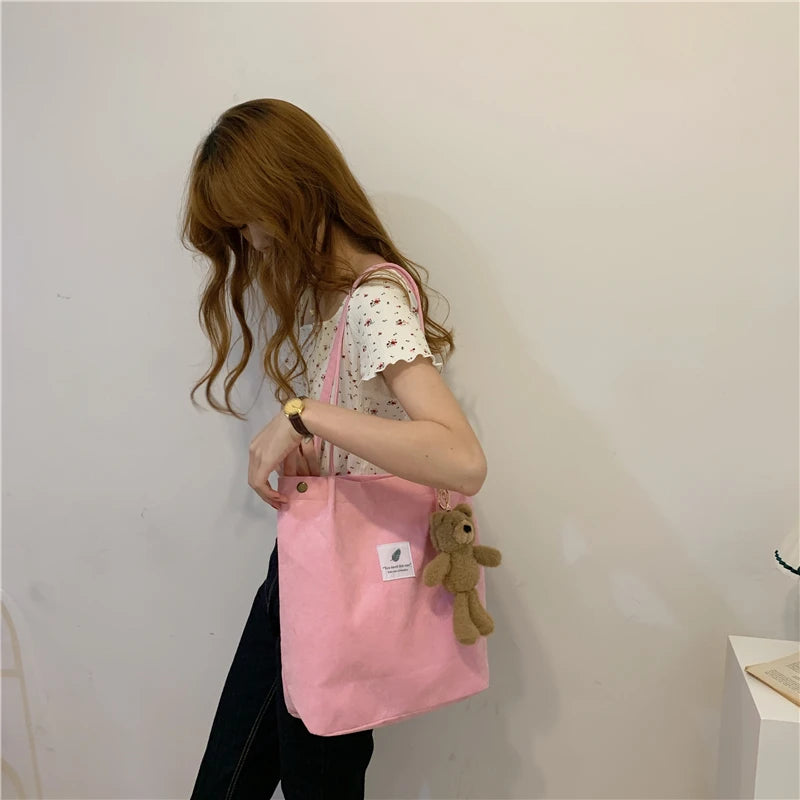 Fashion Women's Shoulder Bag Large Capacity Corduroy Shopping Bag Canvas Women's Bag Literary Leisure Shoulder Bag