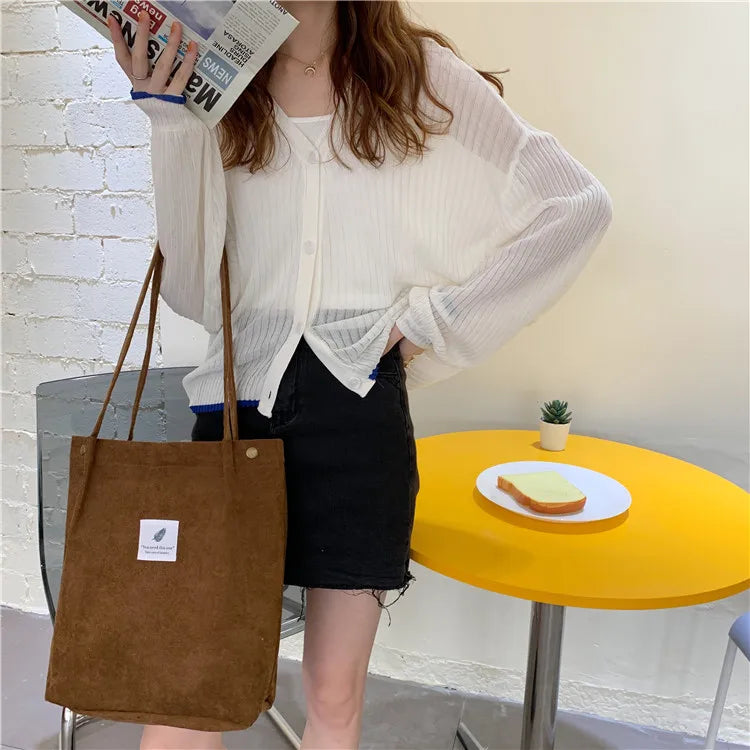 Fashion Women's Shoulder Bag Large Capacity Corduroy Shopping Bag Canvas Women's Bag Literary Leisure Shoulder Bag