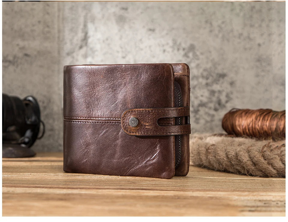 CONTACT'S Casual Men Wallets Crazy Horse Leather Short Coin Purse Hasp Design Wallet Cow Leather Clutch Wallets Male Carteiras