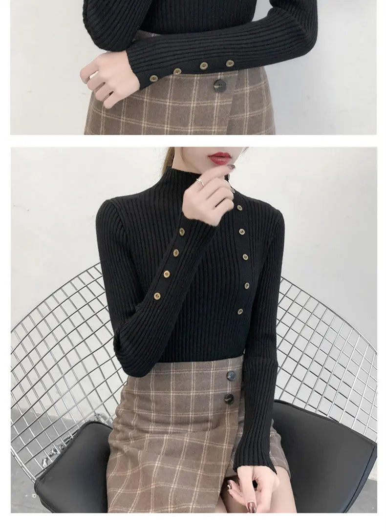 2023 Women Autumn Knitted Slim Sweaters Solid Knitted Female Cotton Soft Elastic Color Pullovers Button Full Sleeve Turtleneck