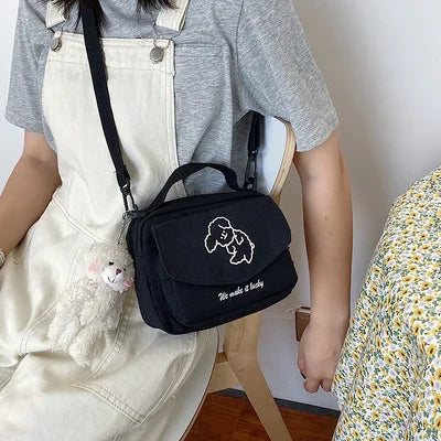 Ladies Fashion Canvas Small Square Bag Korean Version Multifunctional Cute Dog One-shoulder Diagonal Mobile Phone Package