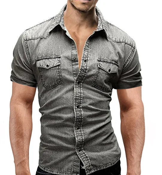 Men Summer Denim Thin Shirt Short Sleeve Soft Cotton Two Pockets Slim Slight Elastic Jeans Cowboy Shirt Clothing 2023