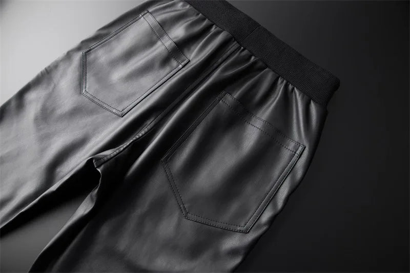 Men's Leather Pants Superior Quality Elastic Waist Jogger Pants PU Leather Motorcycle Trousers Biker's Pants