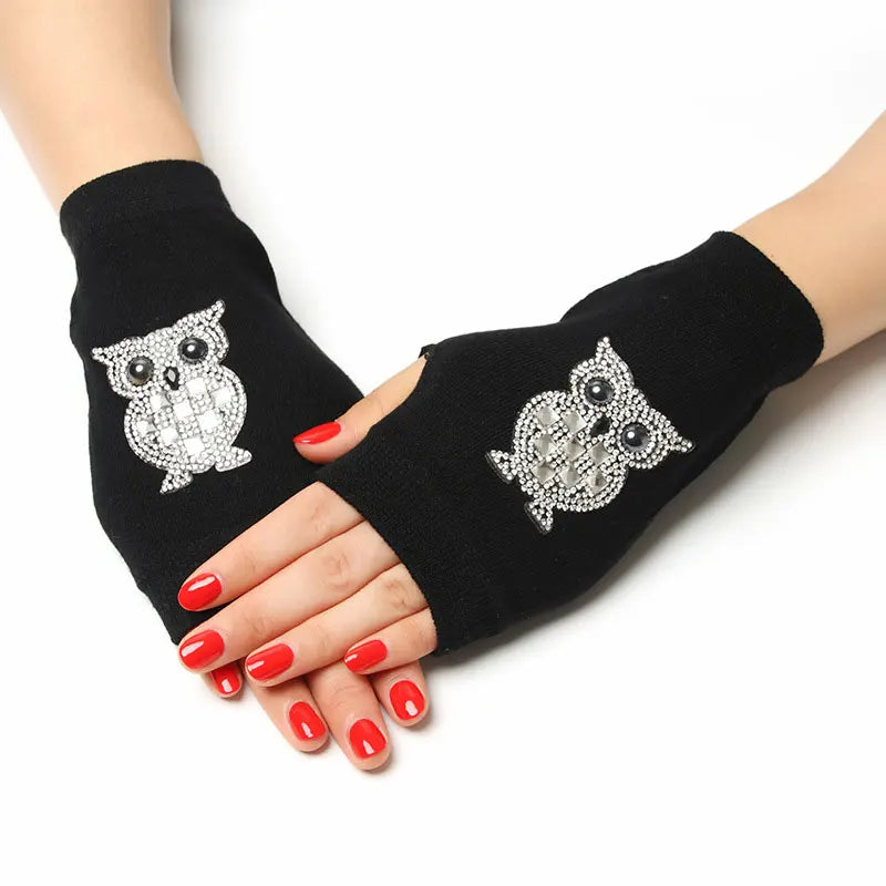 Jolis gants tricotés sans doigts à motifs d'animaux de dessin animé, diamants, paillettes, cool pour les gants de personnalité créatifs d'hiver pour femmes