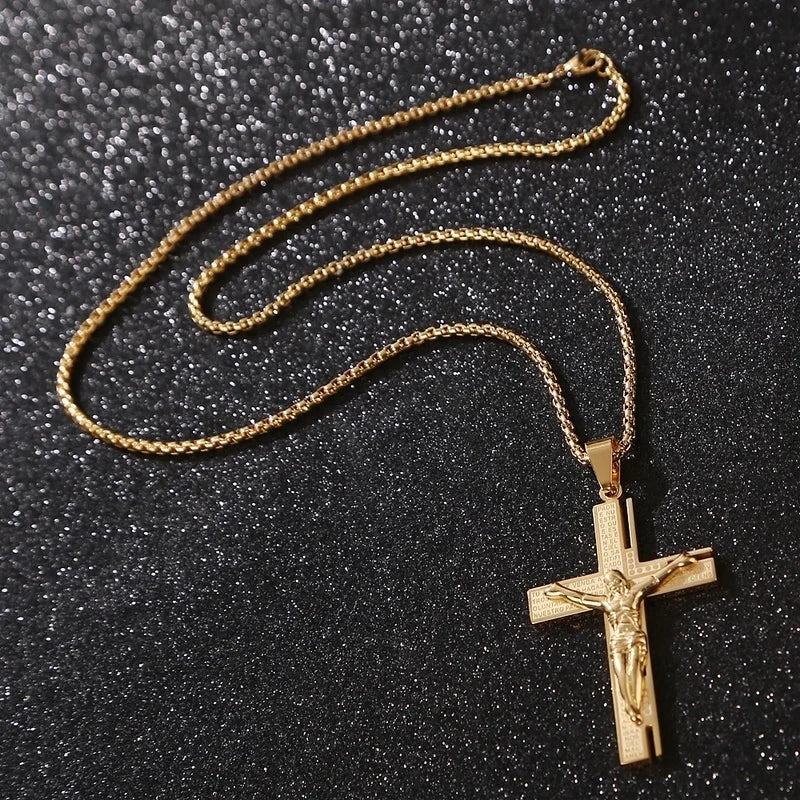 Collier avec pendentif religieux en forme de croix en plaqué or pour homme avec chaîne