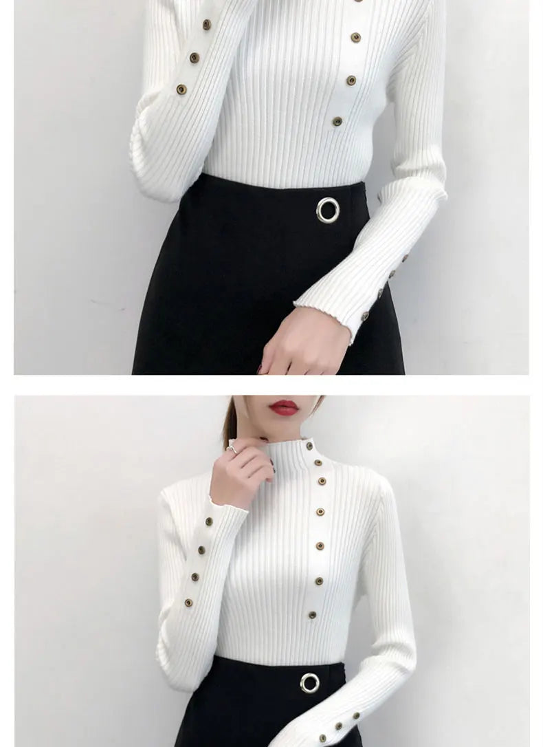 2023 Women Autumn Knitted Slim Sweaters Solid Knitted Female Cotton Soft Elastic Color Pullovers Button Full Sleeve Turtleneck