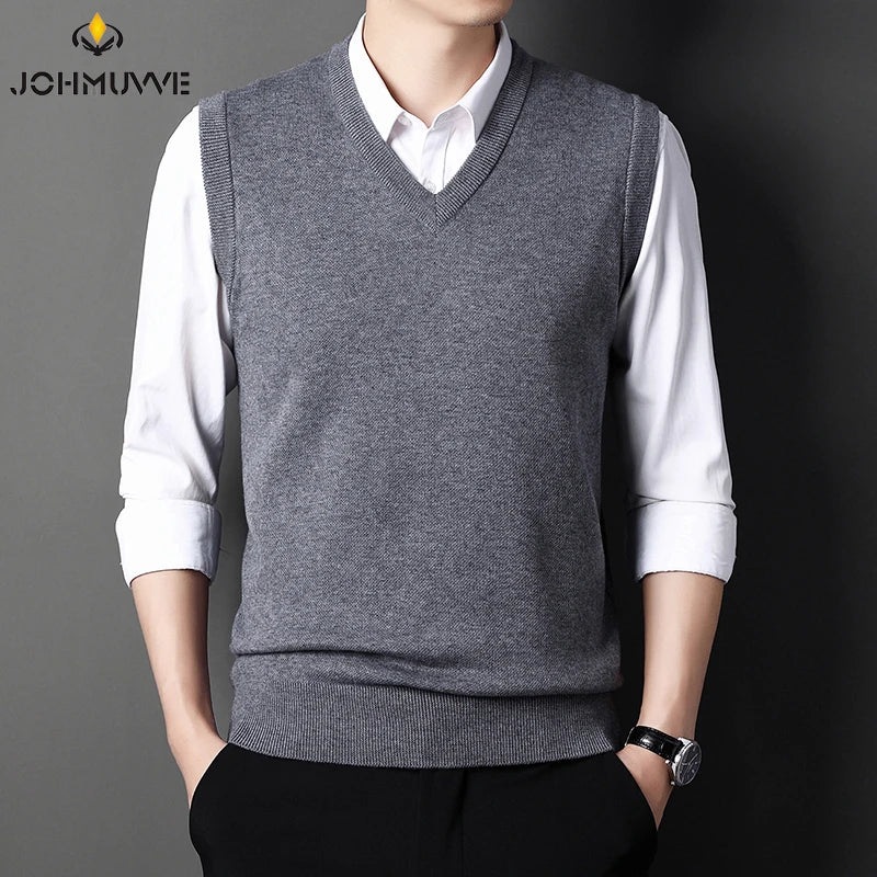 JOHMUVVE  New Men V-neck Vest Trend Retro Solid Color Vest All-match Casual Business Work Woolen Knit Vest Men Autumn