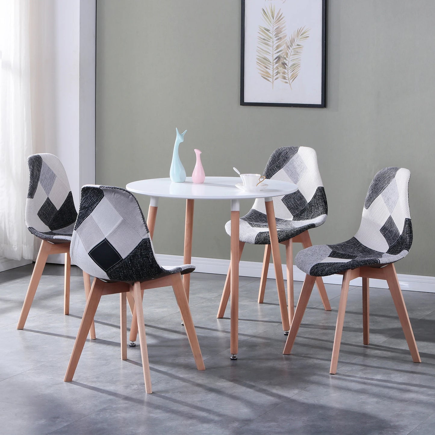 Set of 4 Nordic Dining Chairs Patchwork Frabic Chairs and Round Dining Table Set for Kitchen Restaurant Dining Room Lounge Room