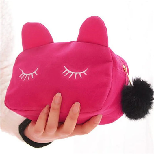 Portable Cartoon Cat Coin Storage Case Travel Makeup Flannel Pouch Make Up Organizer Beautician Cosmetic Bag Toiletry Wash Kits