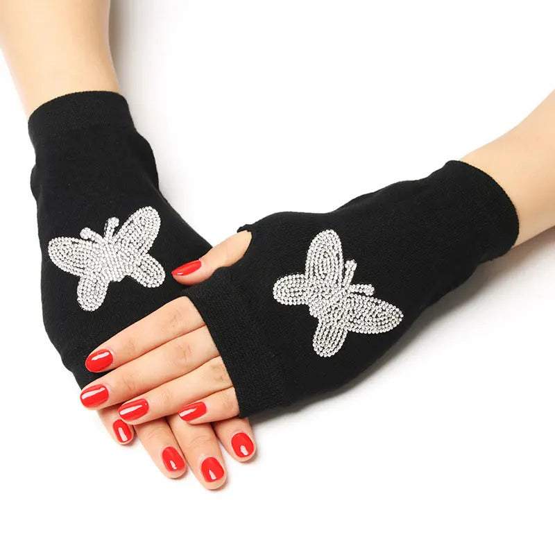 Jolis gants tricotés sans doigts à motifs d'animaux de dessin animé, diamants, paillettes, cool pour les gants de personnalité créatifs d'hiver pour femmes