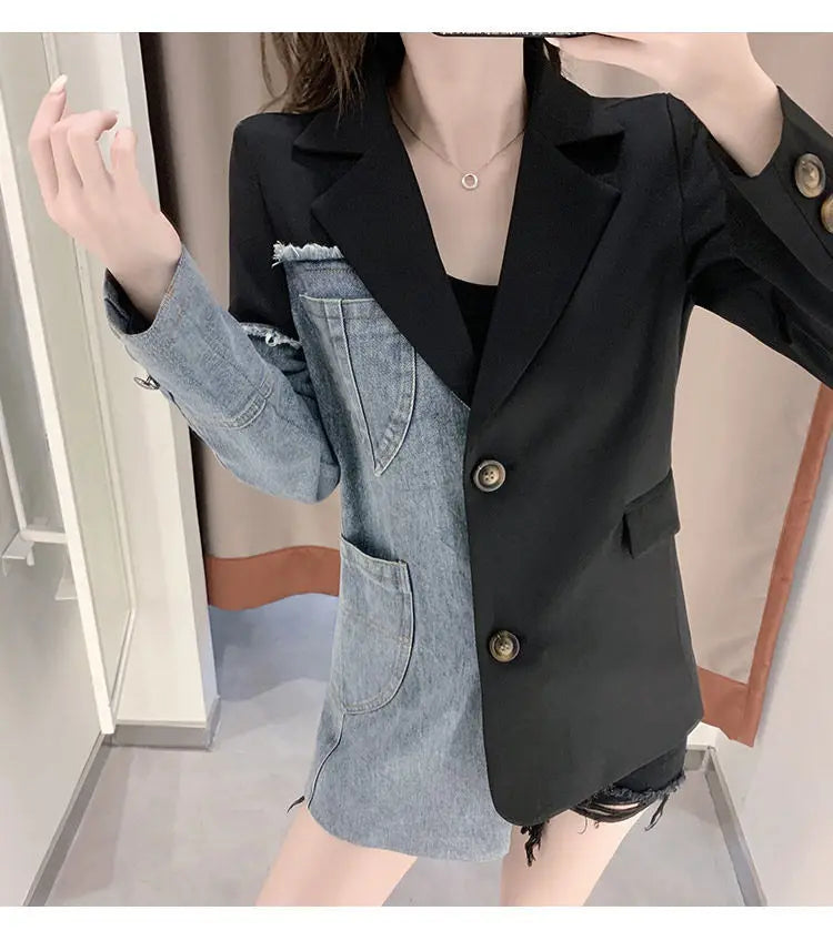 Women's Denim Patchwork Blazer Jacket, Casual Jacket