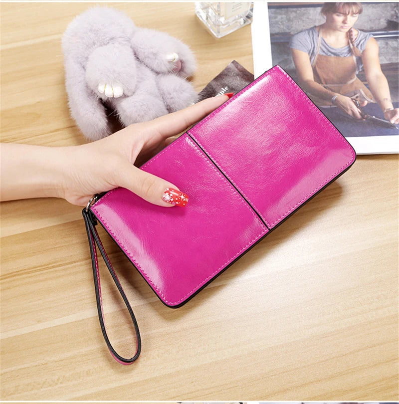 Women's Vintage Oil Wax Leather Zipper Clutch Wallet Female Large Capacity Coin Purse Ladies Wristband Simple Card Holder Wallet