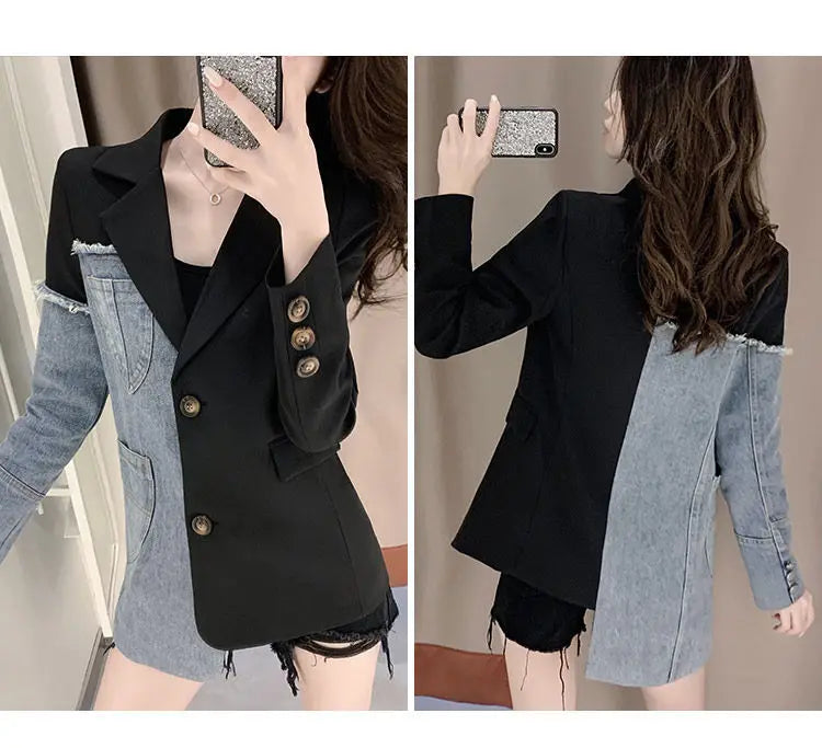 Women's Denim Patchwork Blazer Jacket, Casual Jacket