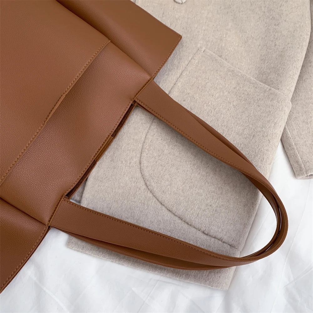 Sac fourre-tout décontracté en cuir souple de haute qualité pour femme, couleur unie, grande capacité, sac à bandoulière simple avec poche extérieure