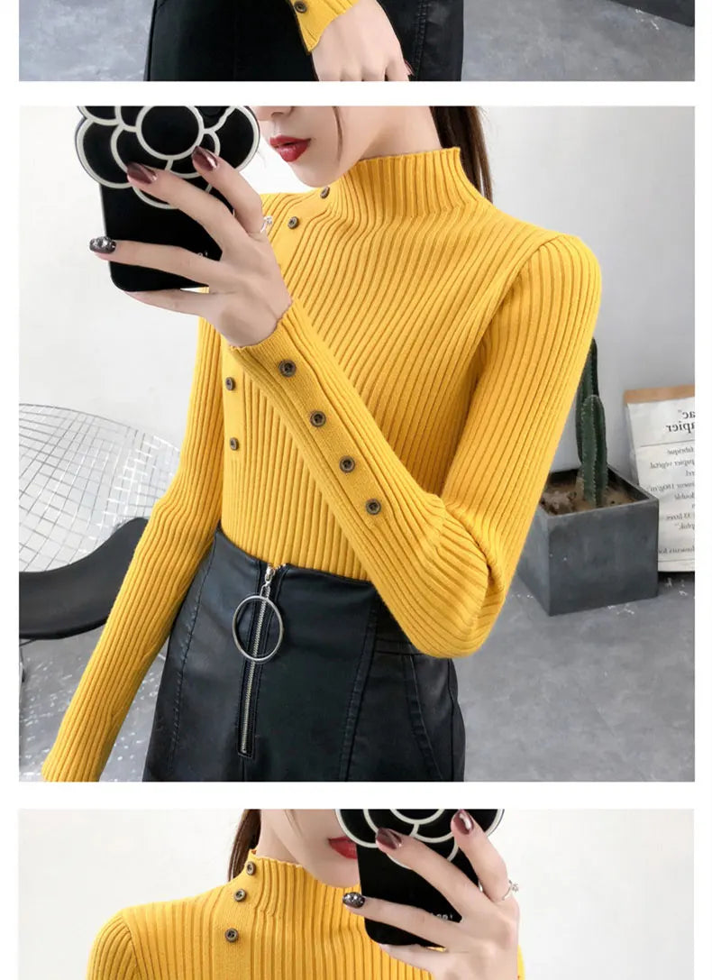 2023 Women Autumn Knitted Slim Sweaters Solid Knitted Female Cotton Soft Elastic Color Pullovers Button Full Sleeve Turtleneck