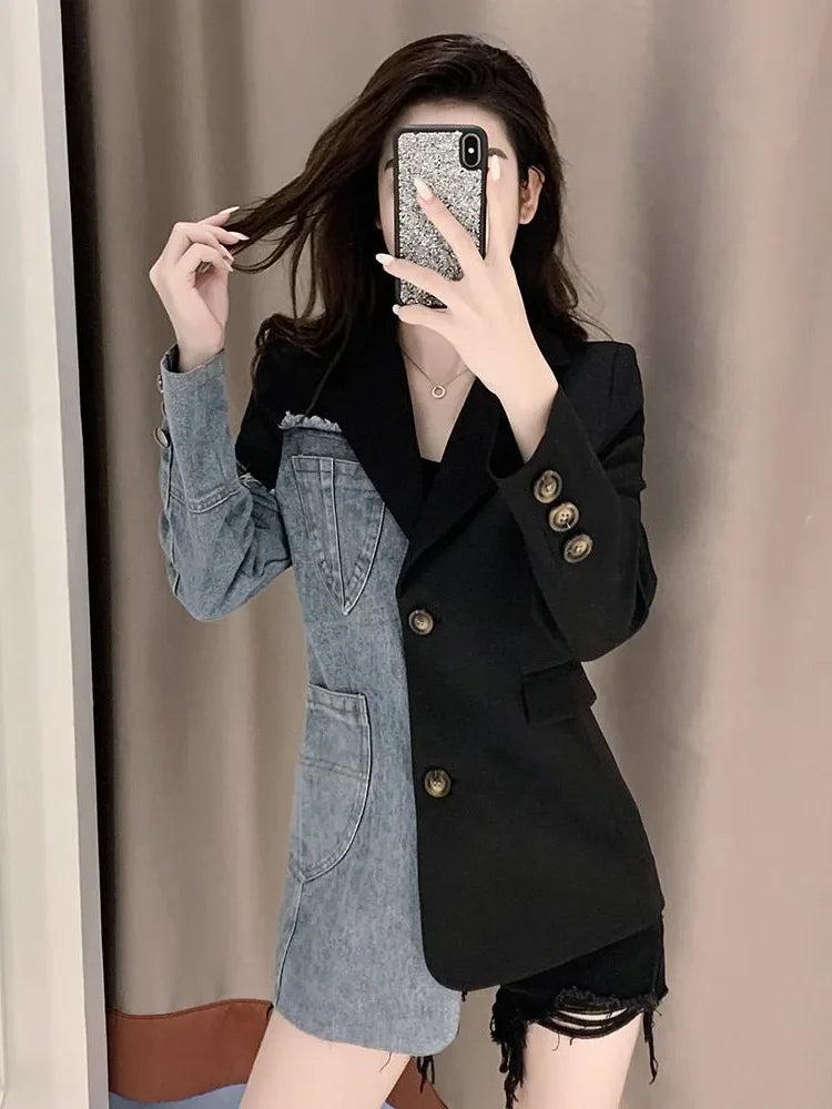 Women's Denim Patchwork Blazer Jacket, Casual Jacket