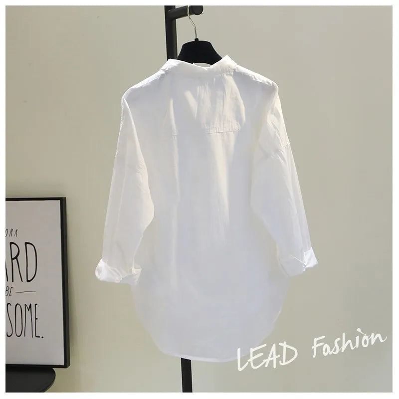 Casual Button Cotton White Women's Shirt Spring Long Sleeve Solid Loose Blouses Office Lady Elegant Tops