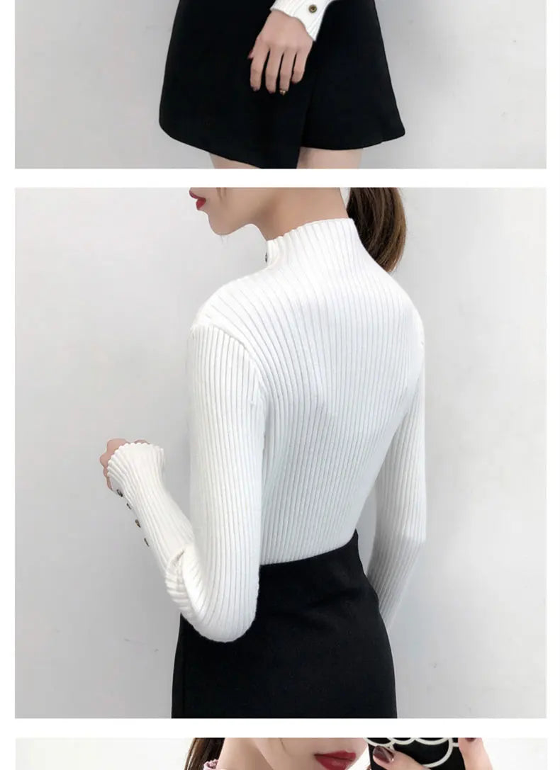 2023 Women Autumn Knitted Slim Sweaters Solid Knitted Female Cotton Soft Elastic Color Pullovers Button Full Sleeve Turtleneck