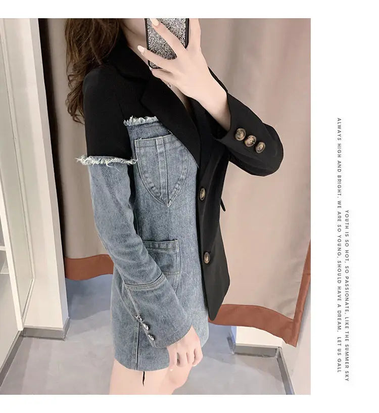 Women's Denim Patchwork Blazer Jacket, Casual Jacket