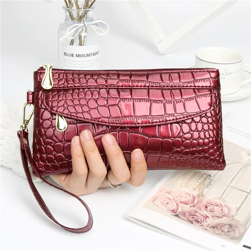 Portefeuilles en cuir verni pour femmes, portefeuille long à double fermeture éclair, pochette design, porte-monnaie rouge, porte-monnaie en crocodile