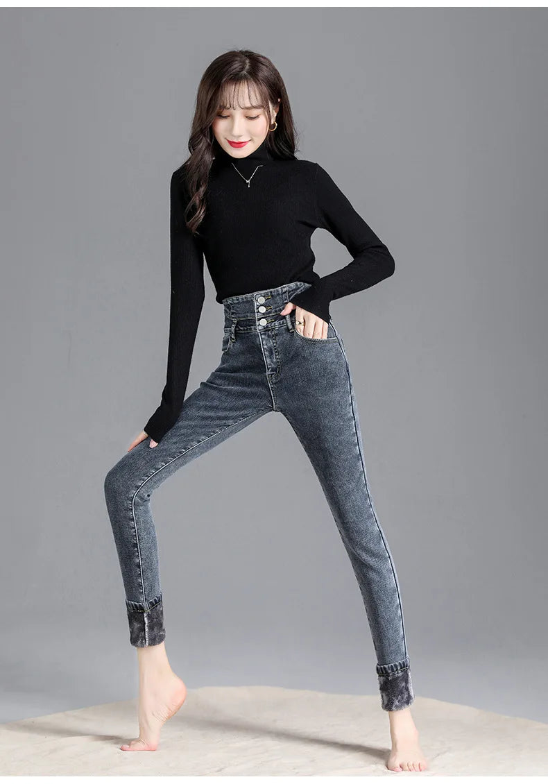 Thermal Winter Thick Fleece High-waist Warm Skinny Jeans Thick Women Stretch Button Pencil Pants Mom Casual Velvet Jeans