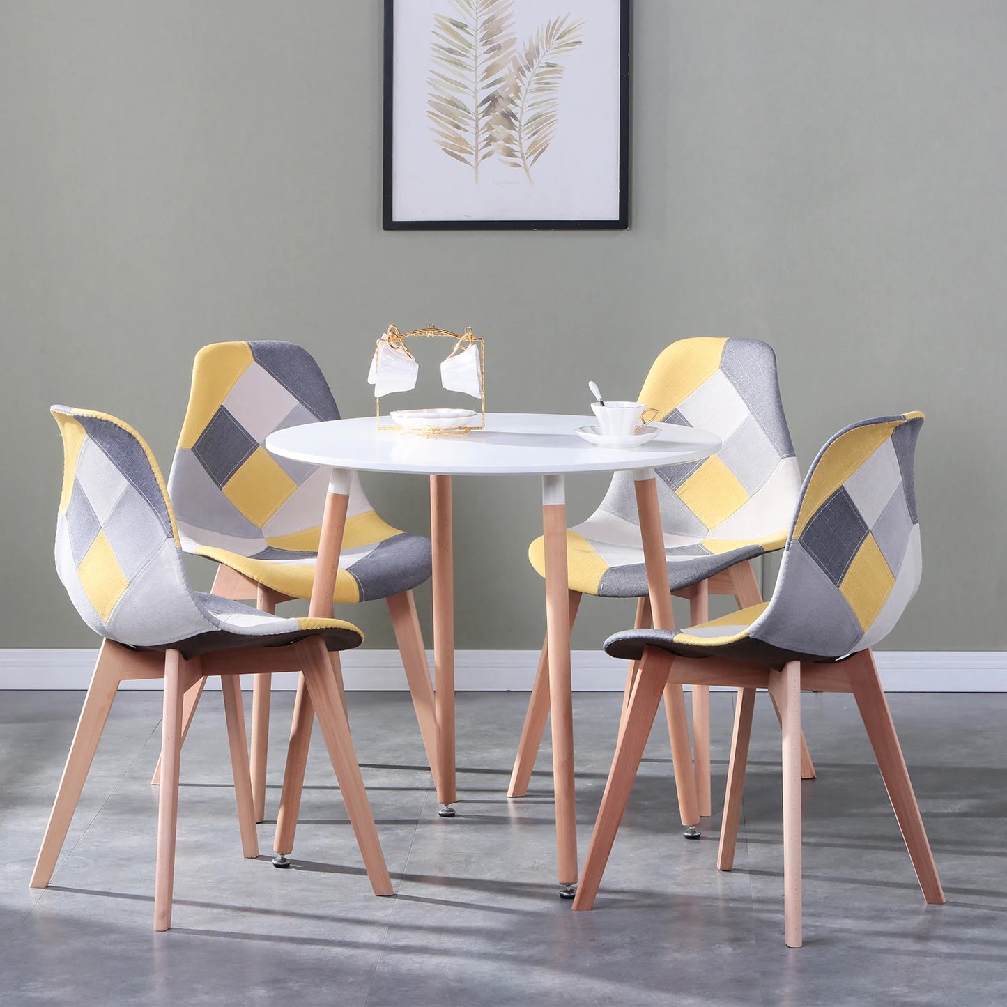 Set of 4 Nordic Dining Chairs Patchwork Frabic Chairs and Round Dining Table Set for Kitchen Restaurant Dining Room Lounge Room