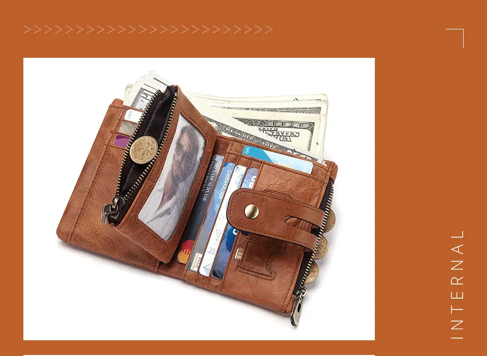 Hot Genuine Leather Men Wallet Coffee Coin Purse Mini Card Holder Chain PORTFOLIO Portomonee Male Walet Support Dropshiping