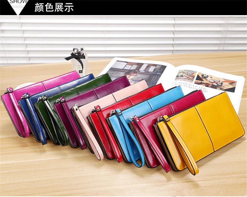 Women's Vintage Oil Wax Leather Zipper Clutch Wallet Female Large Capacity Coin Purse Ladies Wristband Simple Card Holder Wallet