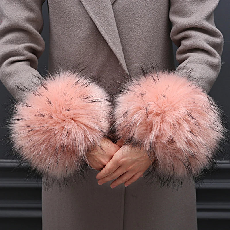 One Pair Women's Winter Arm Warmer Winter Faux Fur Plush Windproof Cuff Sleeve Elastic Wristband Arms Gloves Female Accessories