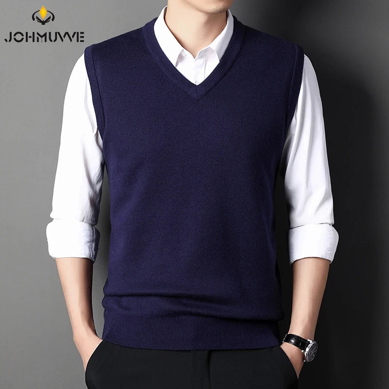 JOHMUVVE  New Men V-neck Vest Trend Retro Solid Color Vest All-match Casual Business Work Woolen Knit Vest Men Autumn