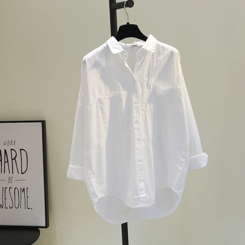 Casual Button Cotton White Women's Shirt Spring Long Sleeve Solid Loose Blouses Office Lady Elegant Tops