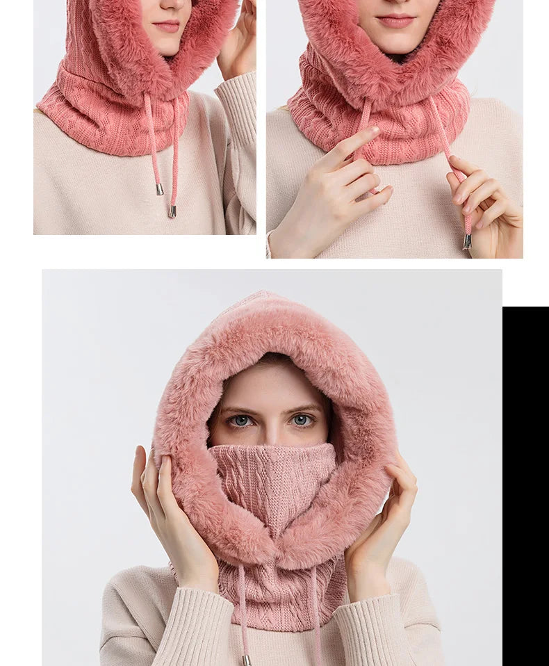 Winter Fur Cap Mask Set Hooded for Women Knitted Cashmere Neck Warm Balaclava Ski Windproof Hat Thick Plush Fluffy Beanies hood