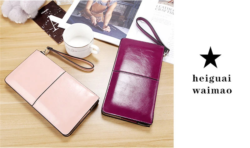 Women's Vintage Oil Wax Leather Zipper Clutch Wallet Female Large Capacity Coin Purse Ladies Wristband Simple Card Holder Wallet