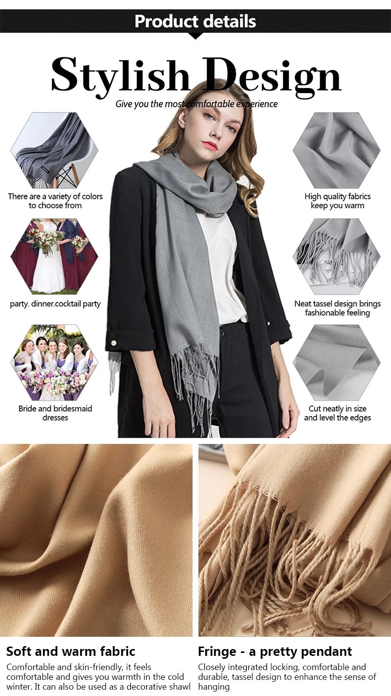 Desgine Brand Solid Women Cashmere Scarf Autumn Winter Warm Shawls Wraps 2024Men's Pashmina Tassels Scarves Female Foulard Mujer