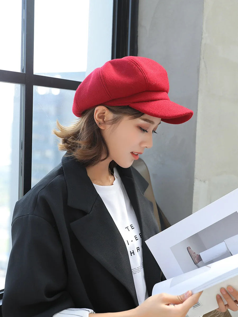 Autumn Winter Hats for Women Solid Plain Octagonal Newsboy Cap Men Ladies Casual Wool Winter Beret Women Painter