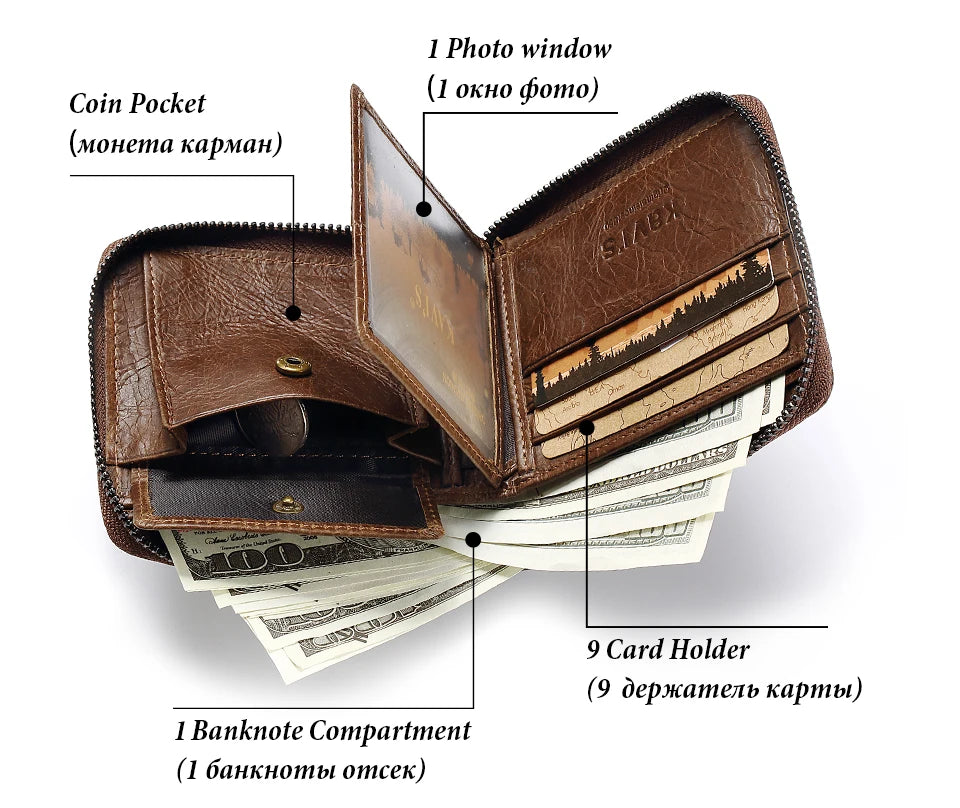 Vintage Short Men Wallets Genuine Leather Small Zipper Clutch Money Bag Solid Top Quality Coin Purse Male Porte Feuille Hommes