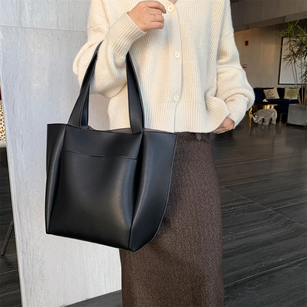 Sac fourre-tout décontracté en cuir souple de haute qualité pour femme, couleur unie, grande capacité, sac à bandoulière simple avec poche extérieure