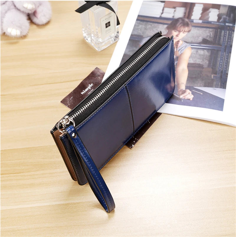 Women's Vintage Oil Wax Leather Zipper Clutch Wallet Female Large Capacity Coin Purse Ladies Wristband Simple Card Holder Wallet