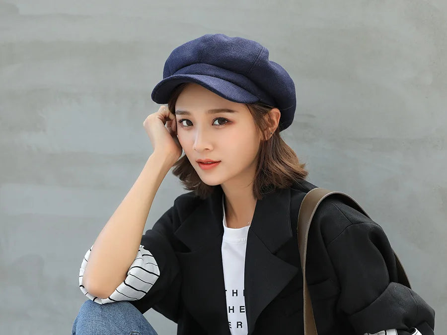 Autumn Winter Hats for Women Solid Plain Octagonal Newsboy Cap Men Ladies Casual Wool Winter Beret Women Painter