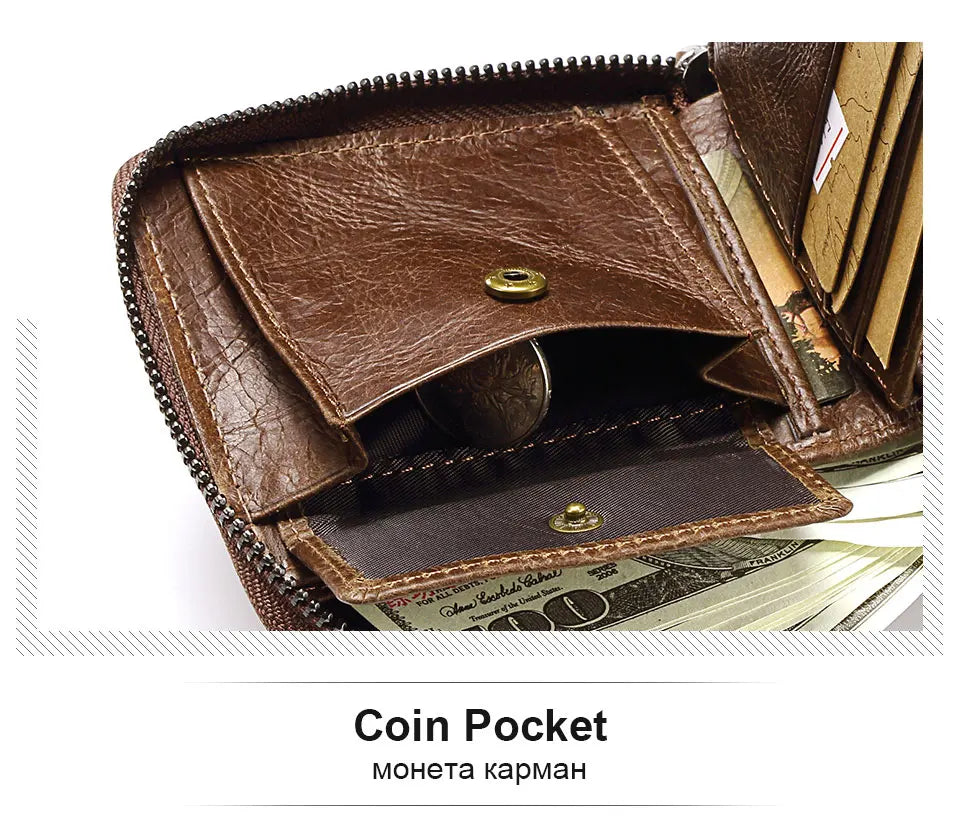 Vintage Short Men Wallets Genuine Leather Small Zipper Clutch Money Bag Solid Top Quality Coin Purse Male Porte Feuille Hommes